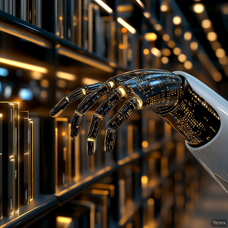 A robotic hand reaches out from a shelf of books in a dark and mysterious library or archive.