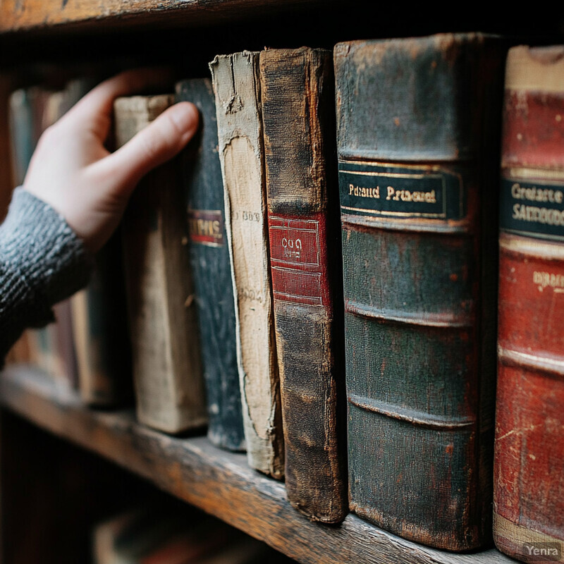 A person browses through an old bookshelf in a library or bookstore.