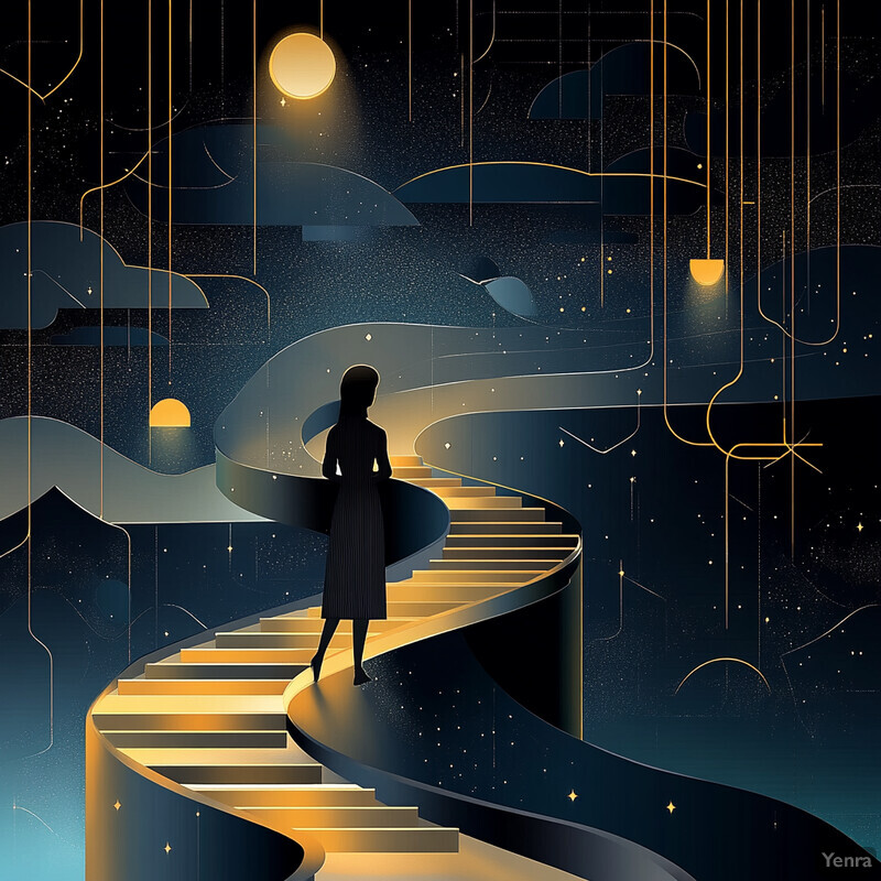 A woman stands on a staircase in an abstract setting, surrounded by clouds-like formations and a subtle gradient effect.