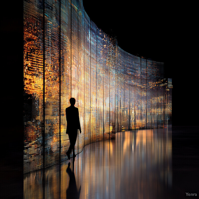 A person stands in front of a large digital display wall, interacting with it.