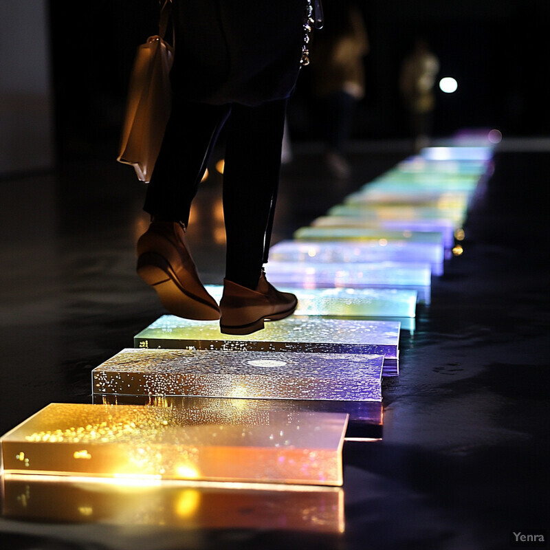 A person walking on a series of glowing tiles in an indoor setting.