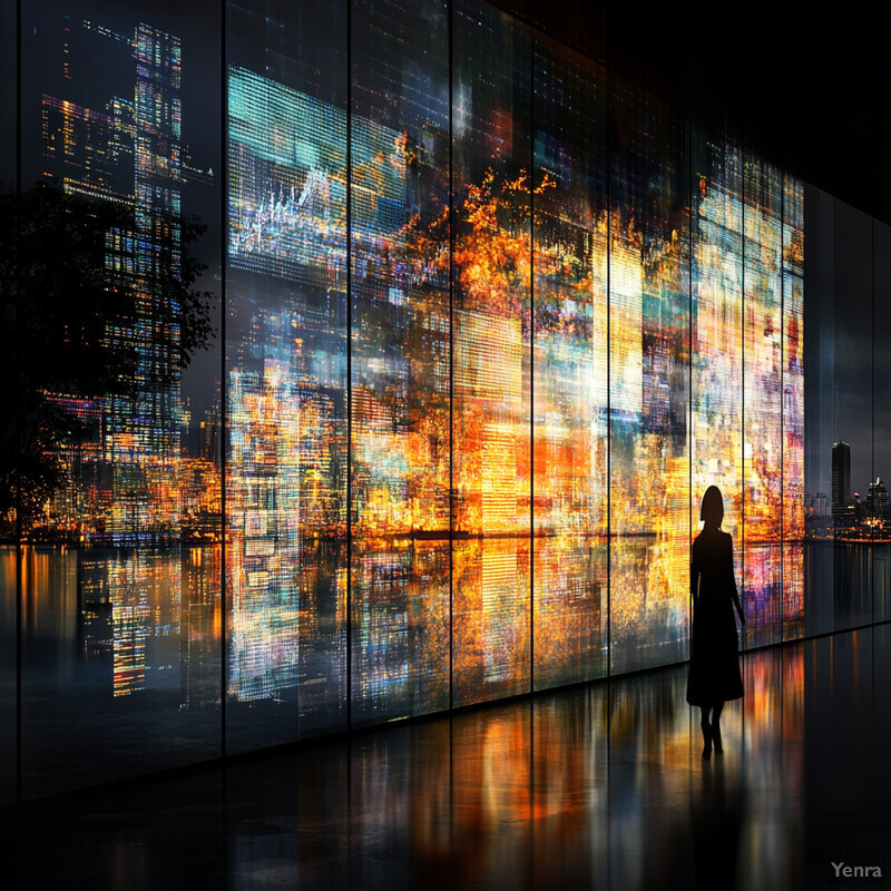 A woman stands in front of a large wall of screens displaying an abstract cityscape at night.