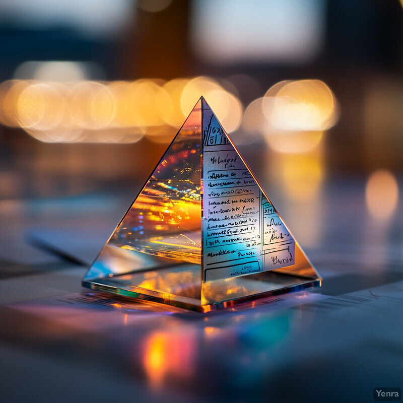 A glass pyramid with gold accents and handwritten notes sits on a table or desk in an office setting.