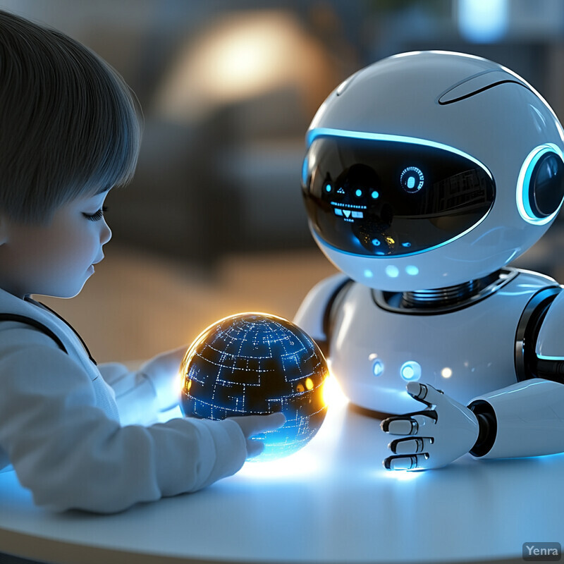 A young boy and a robot are engaged in an interactive learning experience at a table.