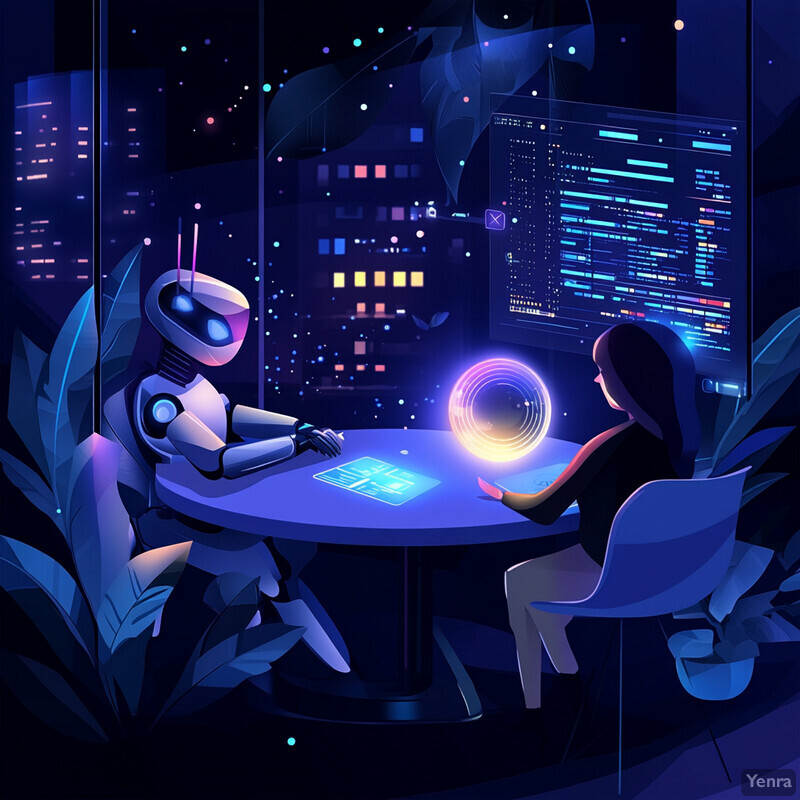 A human and a robot collaborate in a futuristic setting.