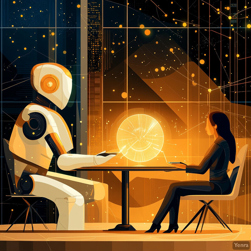 A robot and a woman are seated at a table in a futuristic room, engaged in an active learning process.