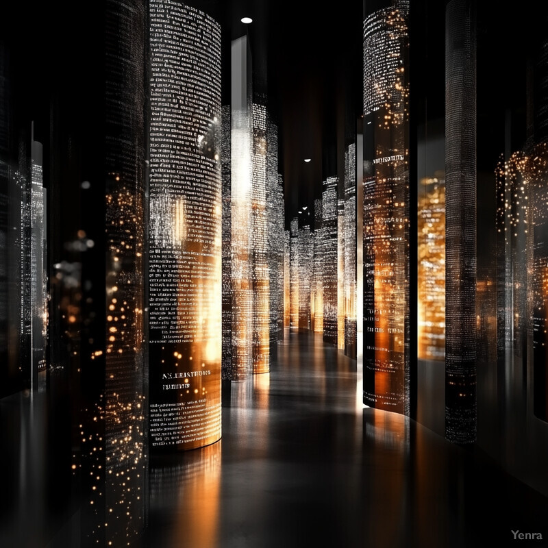 An art installation featuring cylindrical pillars with gold text on black backgrounds in a dimly lit setting.