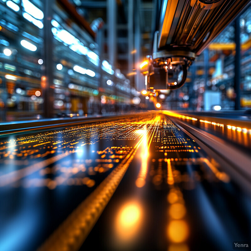 A futuristic factory floor with modern machinery and equipment.