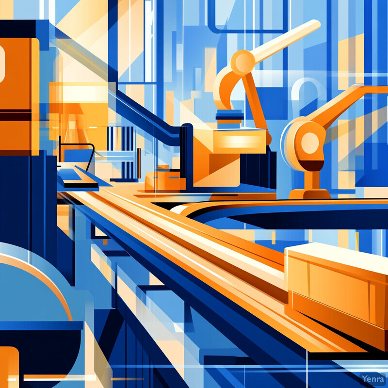 A futuristic factory floor with robotic arms and conveyor belts.