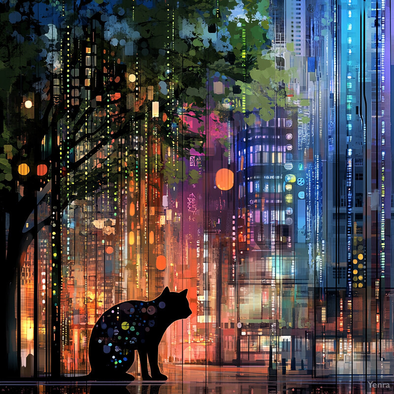 A cat silhouette in front of a lit-up city at night