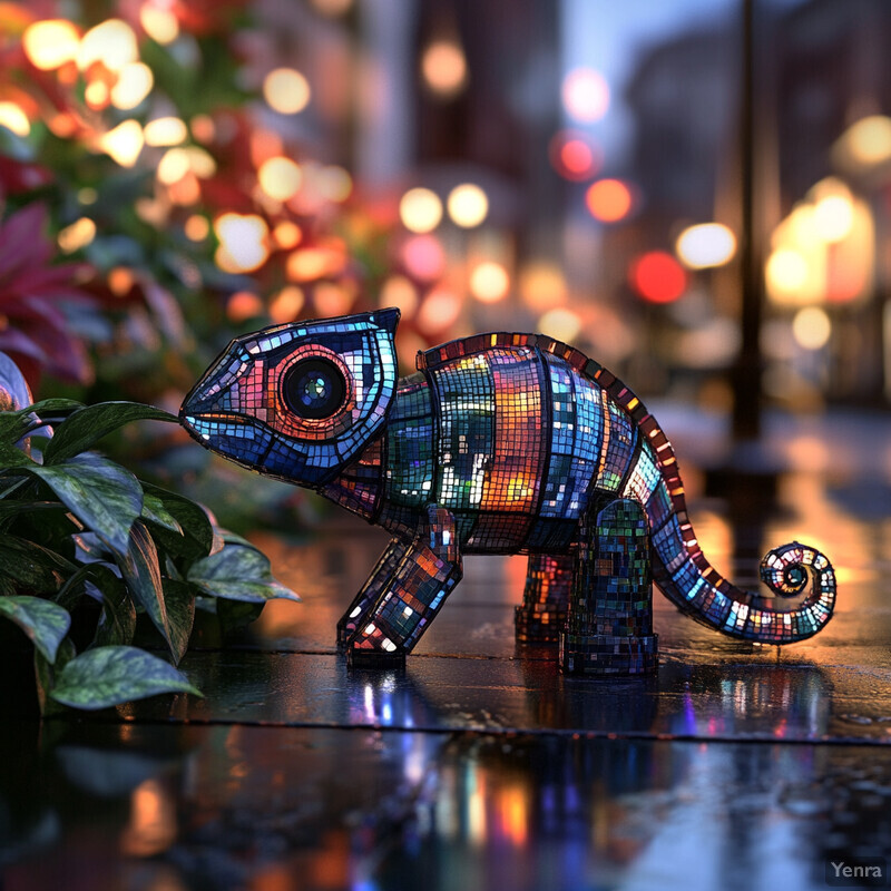 A mosaic chameleon figurine sits on a reflective surface surrounded by greenery and colorful lights.