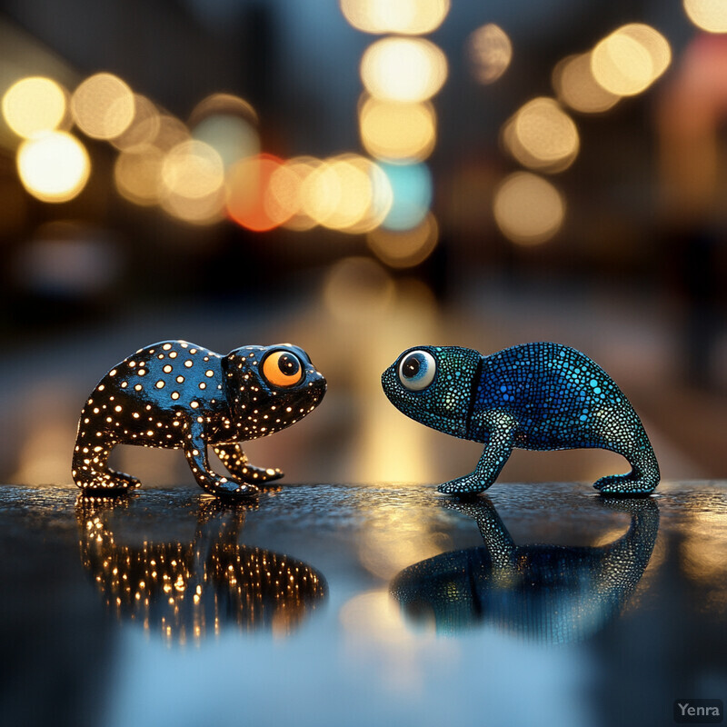 Two frogs facing each other on a reflective surface in a city street at night.