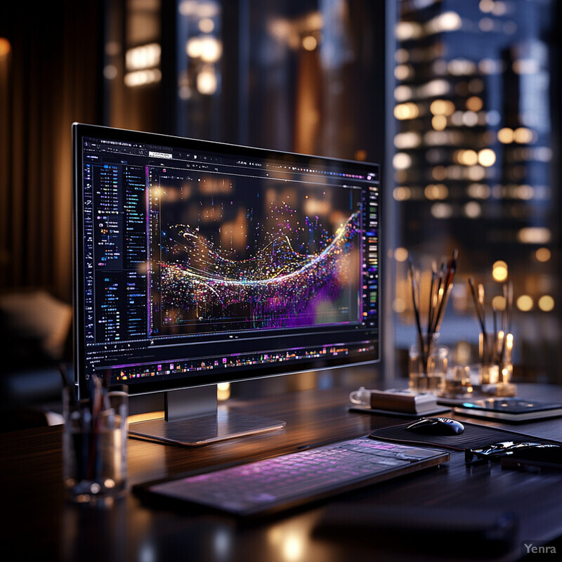 A computer monitor displaying a graph with various lines and dots, surrounded by a dark background, on top of a desk or table accompanied by a keyboard and mouse.