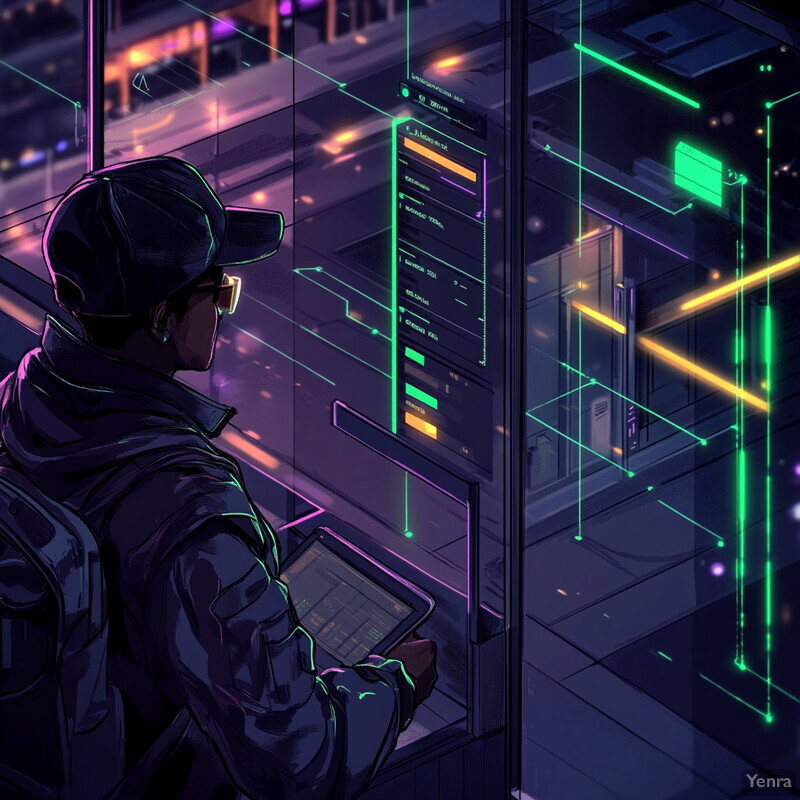 An individual stands in front of a futuristic wall, holding a tablet and wearing cyberpunk-inspired attire.