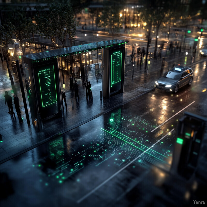 A futuristic cityscape with digital displays and modern buildings.