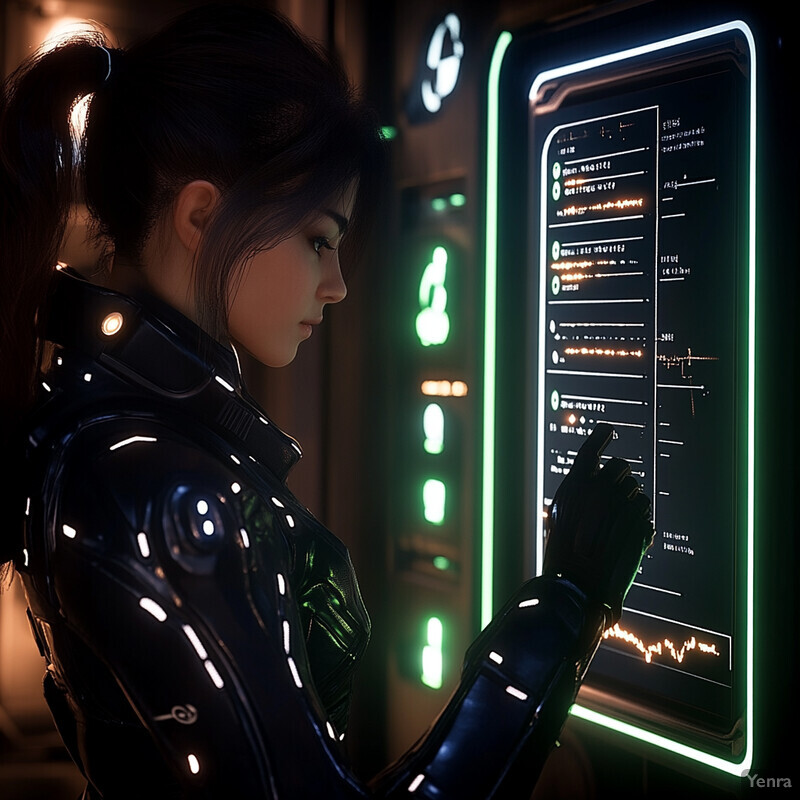 A woman in futuristic attire examines data on a large screen in a dark laboratory or control room.