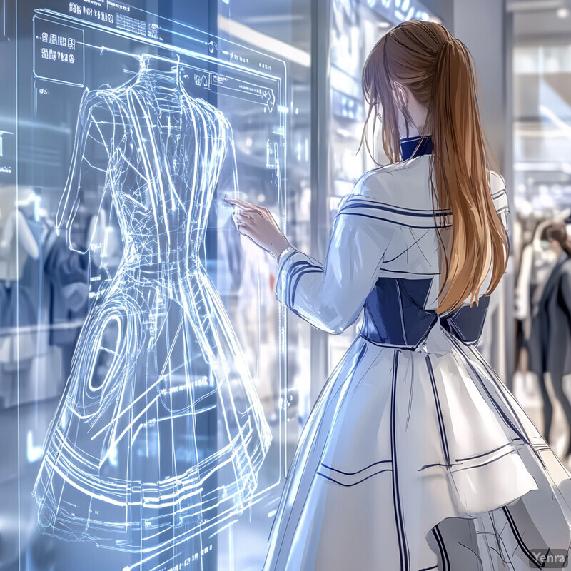 A woman stands in front of a screen displaying a dress design, possibly interacting with it.