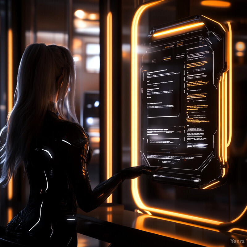 A woman stands in front of a futuristic-looking screen, with her hand extended towards it.