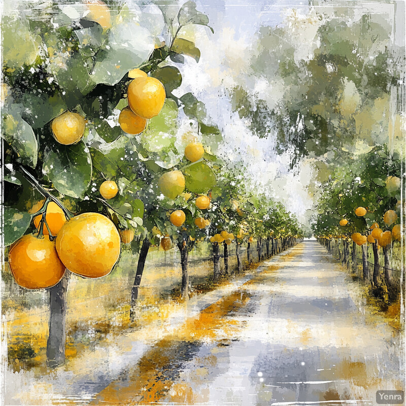 A tranquil landscape with multiple trees bearing yellow fruits along a path.