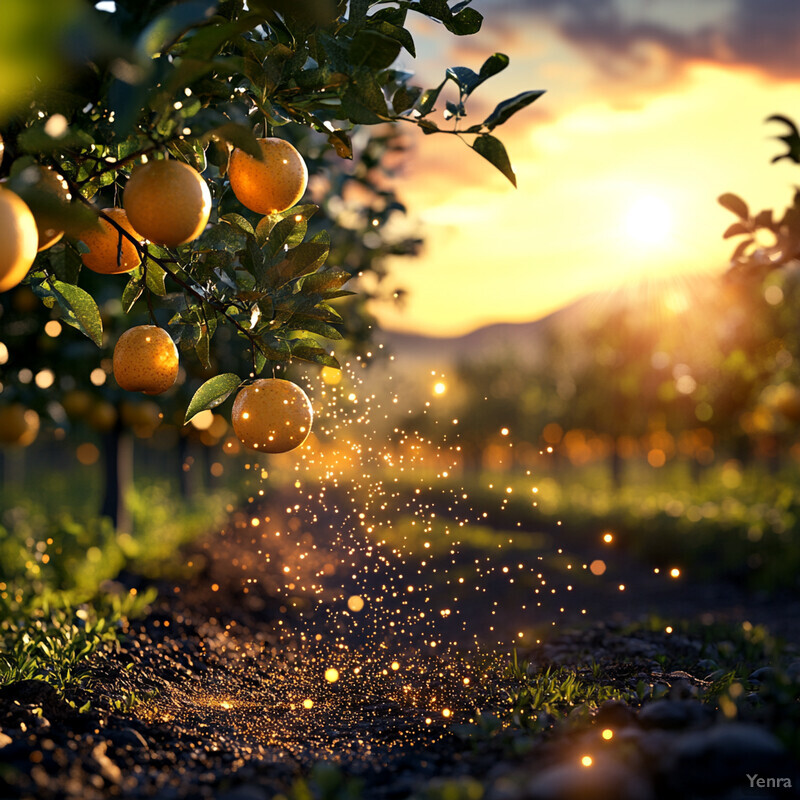 A serene and peaceful image of an orange tree in a lush green field under a bright yellow and orange sky.