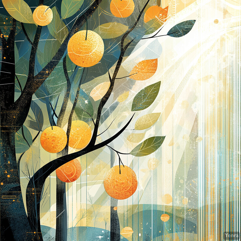 Abstract representation of trees with orange fruit and green leaves in a forest setting.