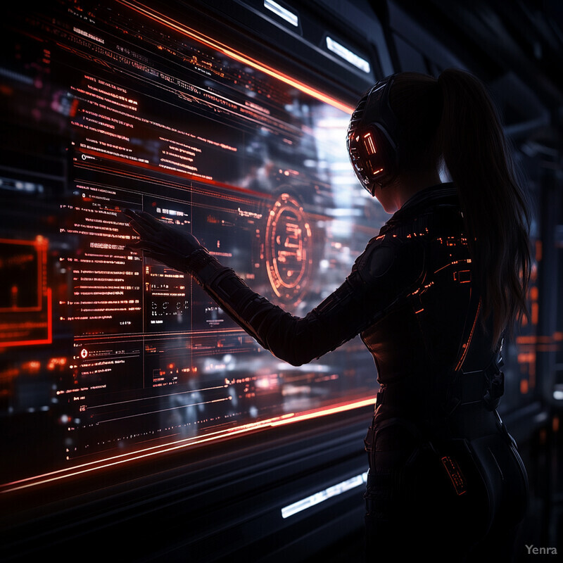 A woman in a futuristic VR environment, likely gaming or exploring digital environments.