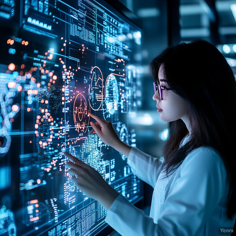 A woman in a white lab coat studying data on a large screen in an office or laboratory setting.