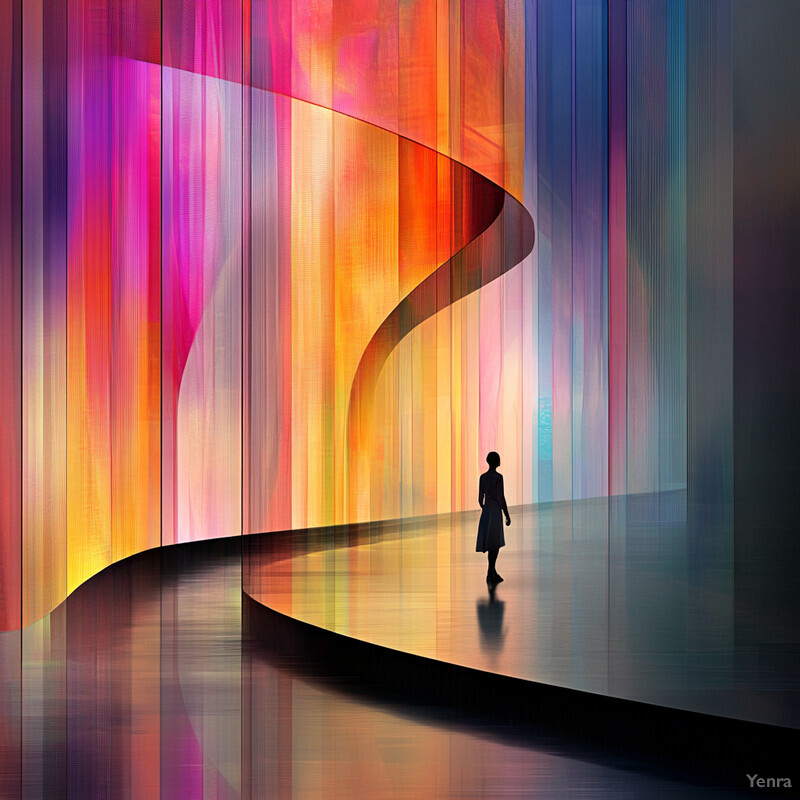 A woman stands in front of a large, curved wall featuring an abstract art installation.