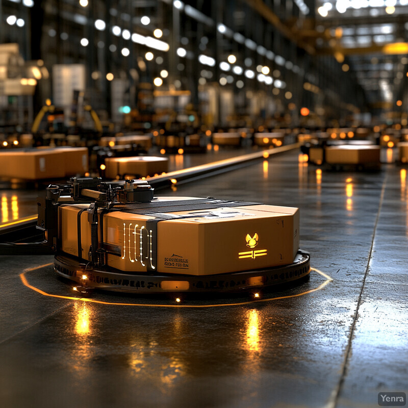 A large yellow and black box with a flame-like logo on a circular platform in an industrial setting.