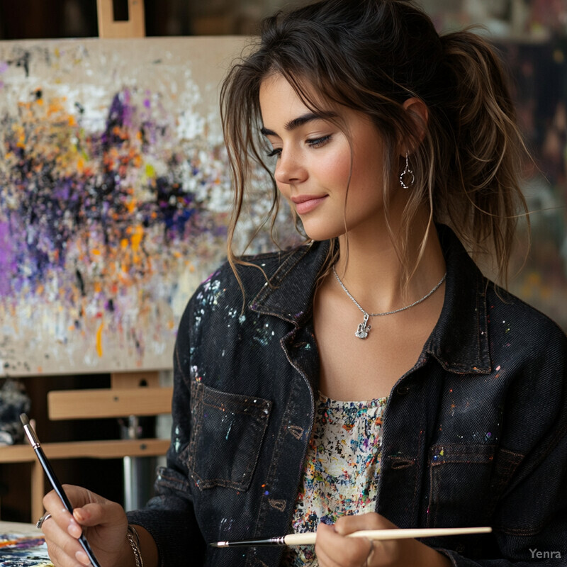 A young woman is engaged in painting, surrounded by artistic tools and materials, with a focus on fine art techniques.