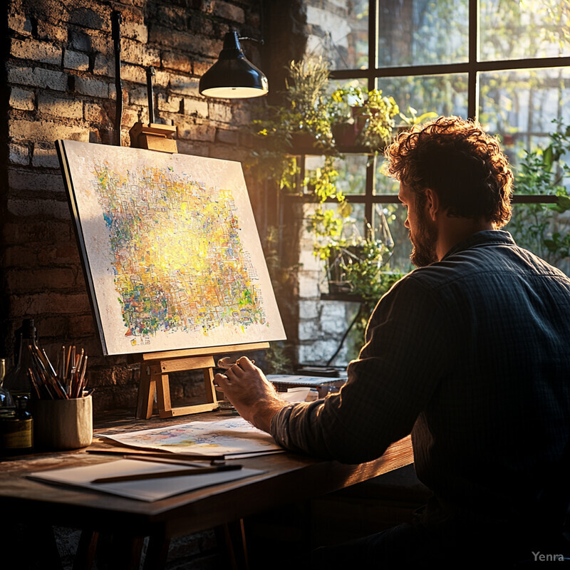 A man is painting on canvas in his studio, surrounded by art supplies and natural light.