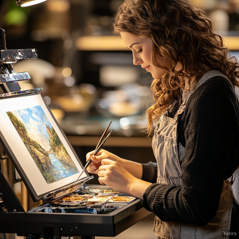 A woman painting on an easel in her studio.