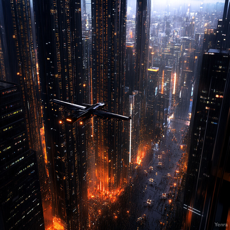 A futuristic cityscape at night, with towering skyscrapers and flying vehicles.