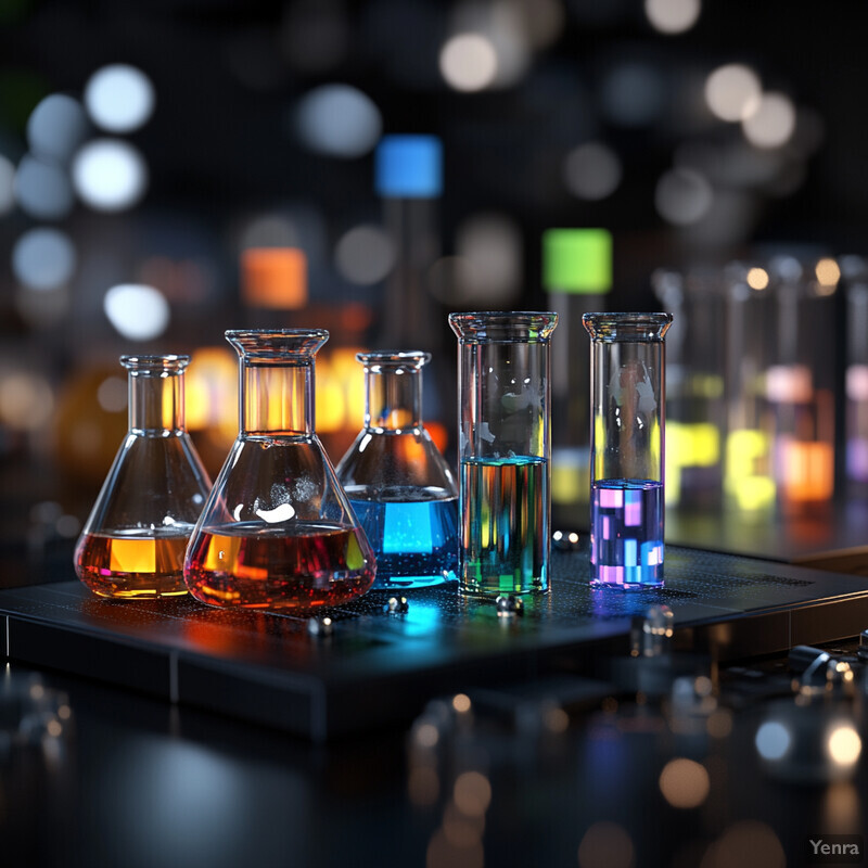 A laboratory setting with various beakers and test tubes filled with different colored liquids.