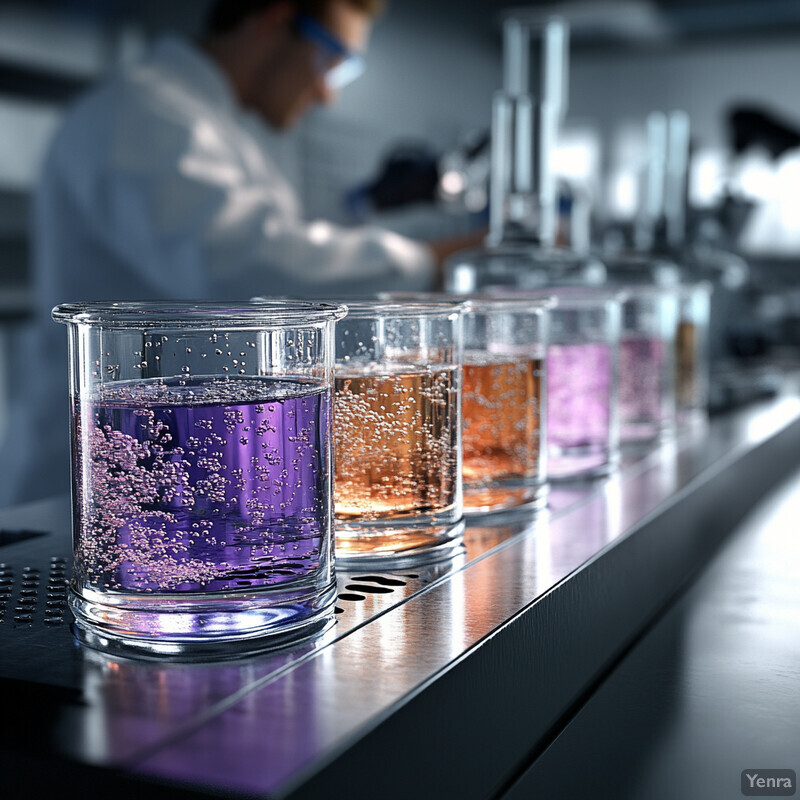 A row of beakers containing different colored liquids on a metal shelf in a laboratory.