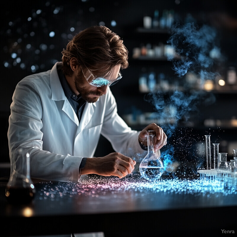 A man in a lab coat and safety goggles carefully pours liquid from one beaker to another, surrounded by various equipment.