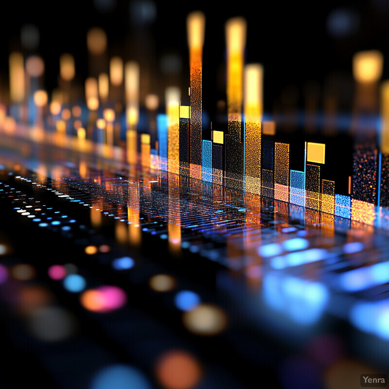 A complex and sophisticated visual representation of time-series and sensor data annotation, featuring a black background with vibrant blue, orange, and pink colors, numerous objects, and text content.