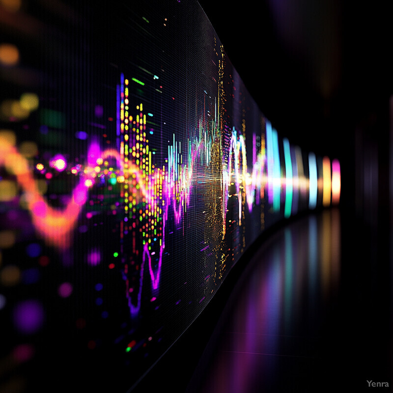 The image showcases a time-series and sensor data annotation with various graphical elements in purple, gold, green, pink, blue, and red colors against a black background.