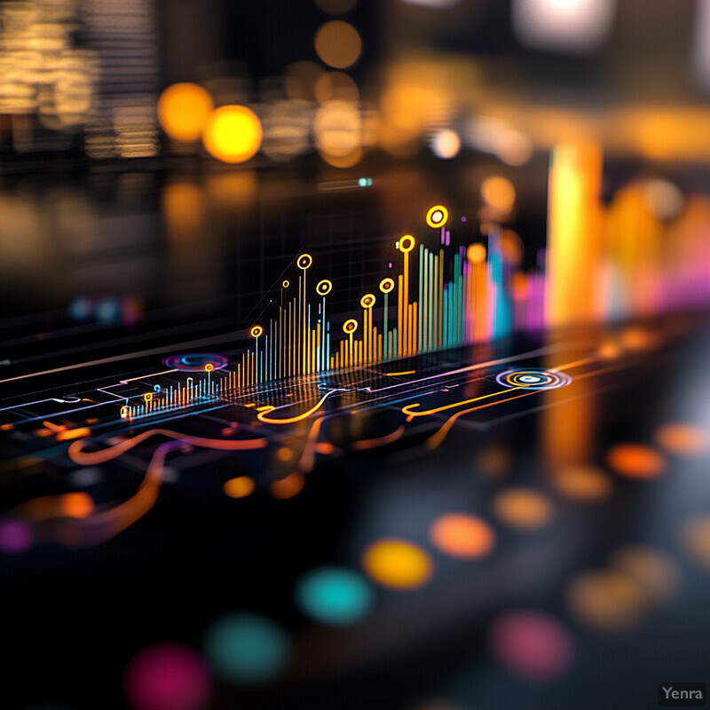 A 3D rendering of a graph or chart with various colored bars and lines on a dark background.