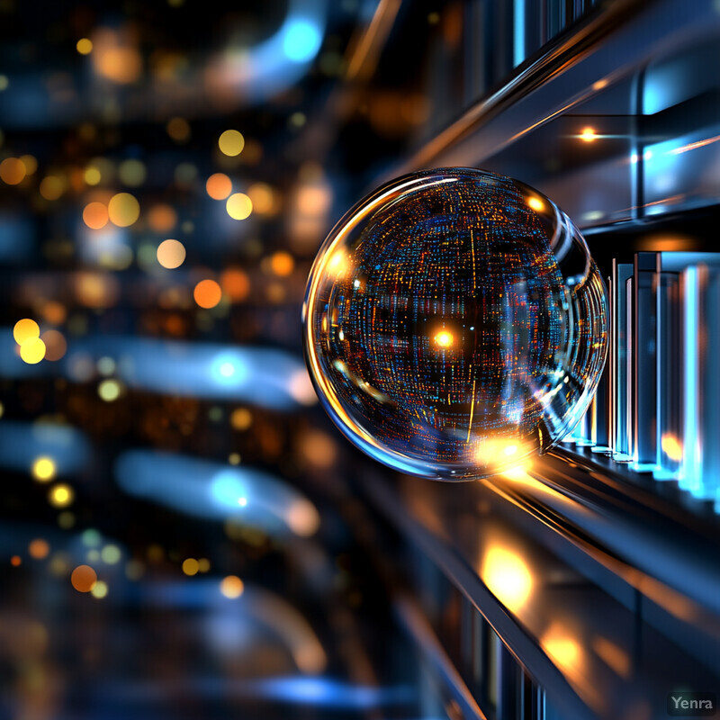 A glass sphere within an abstract metal structure, possibly a sculpture or piece of art, reflecting a blurred cityscape at night against a softly lit background.