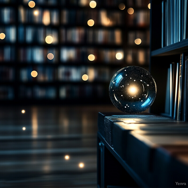 A crystal ball sits on a bookshelf in a dimly lit room, surrounded by books and reflecting light.