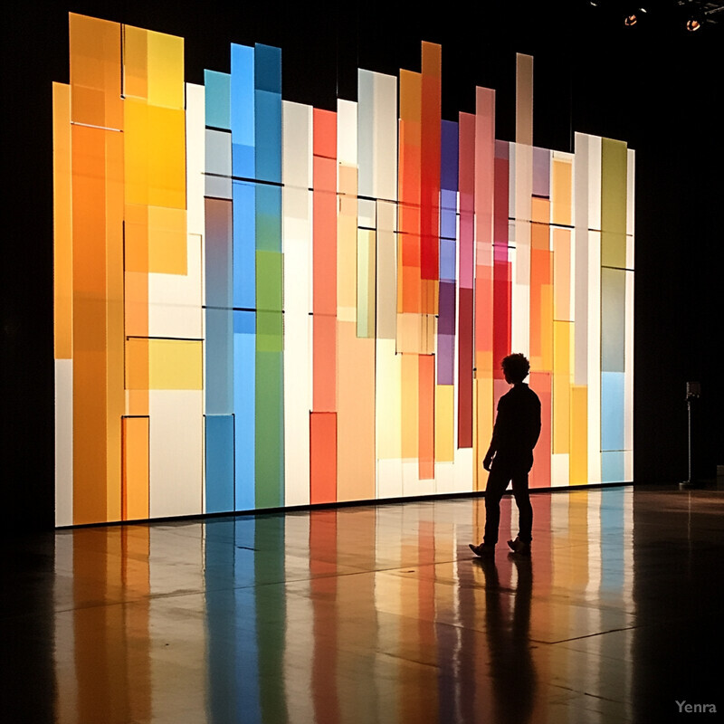 A man stands before an abstract art installation, characterized by tall rectangular pieces arranged vertically and horizontally to form a wall-like structure.