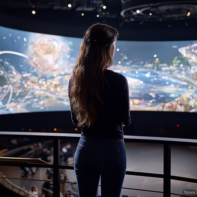 A woman stands in front of a large screen displaying an animated cityscape.