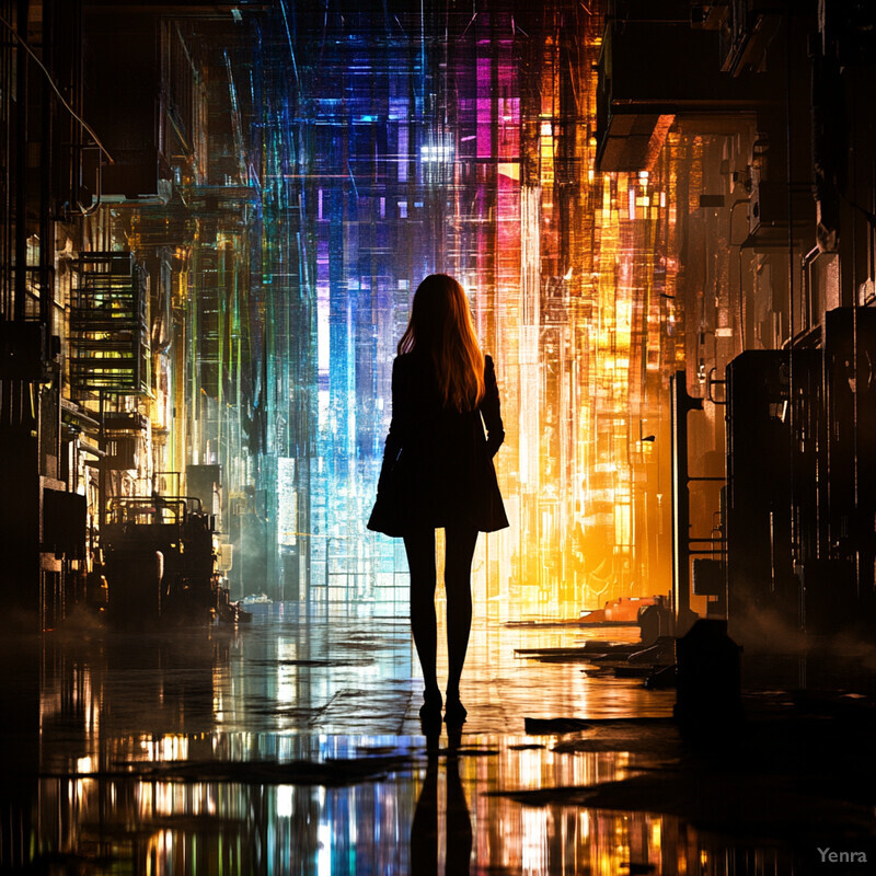 A woman walks down an urban alleyway at night, lost and unsure of her surroundings.