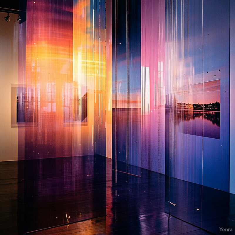 Art Installation Featuring Photographs Behind Purple Curtains