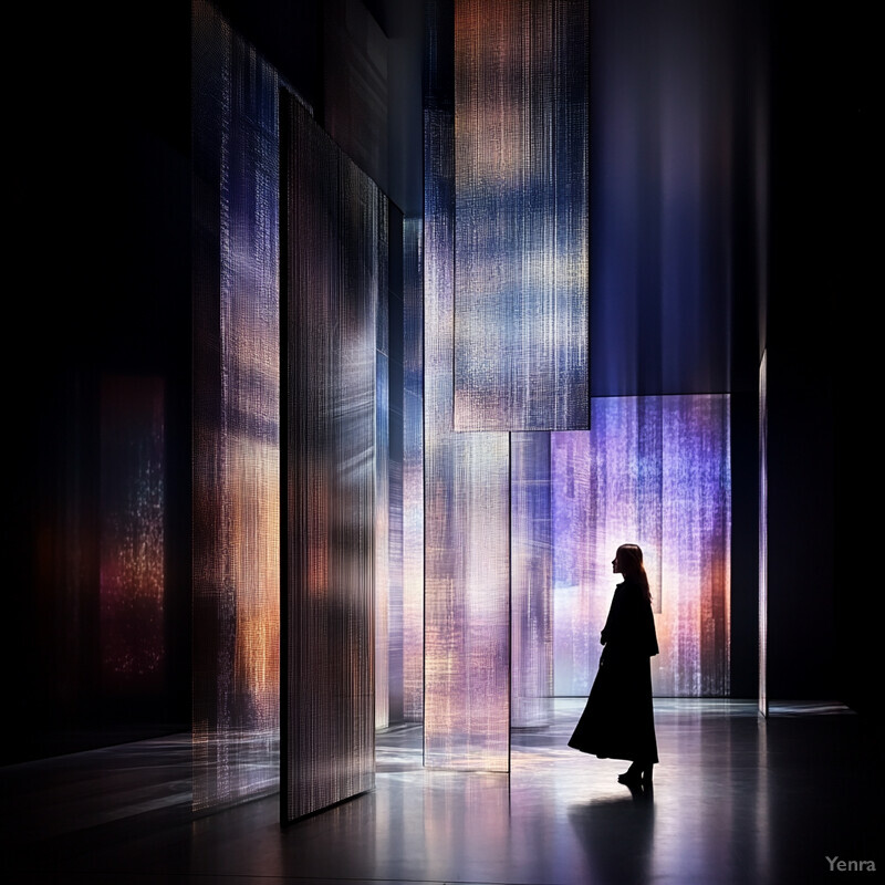 A woman admires a light show displayed on a large screen in a dimly lit room.