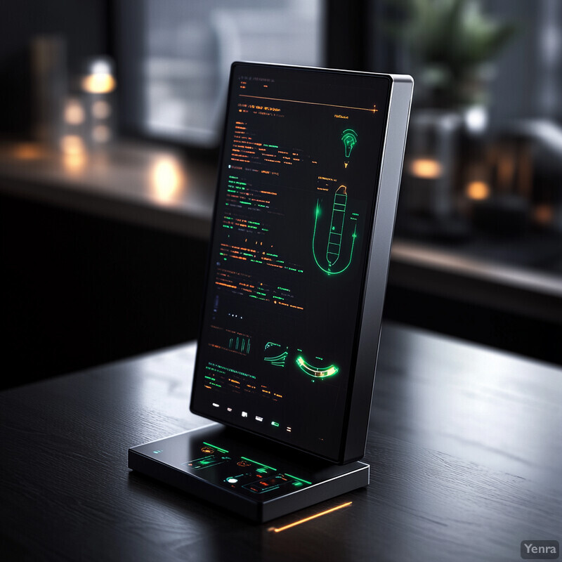 A modern smart device or computer monitor with a vibrant display and various icons, possibly related to connectivity and power management.