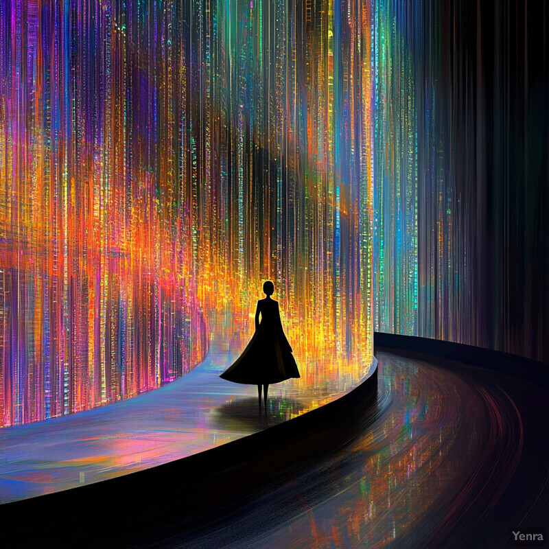 A woman in a black dress stands on a curved platform surrounded by a rainbow-colored light installation.