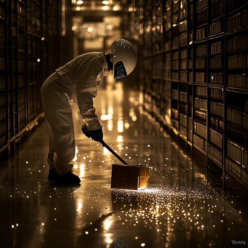 A person in a white hazmat suit holds a tool with sparks flying from it in an industrial or laboratory environment.