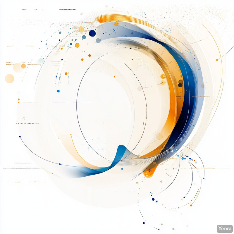 An abstract design featuring a large circular shape with blue and orange hues, surrounded by dots and lines on a white background.